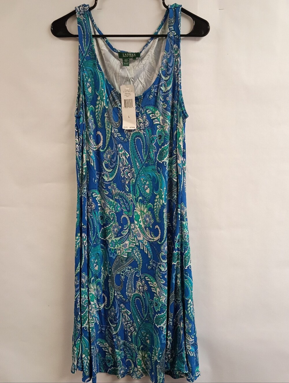 Ralph Lauren Blue & Green Paisley Tank Dress 100% Rayon Sz Large